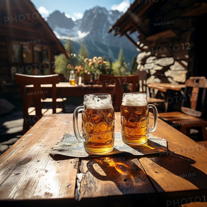 Beer and snacks in an alpine hut in the mountains