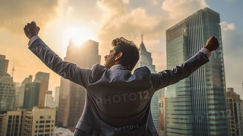 Excited businessman celebrates with his fists in the air with the city in the background