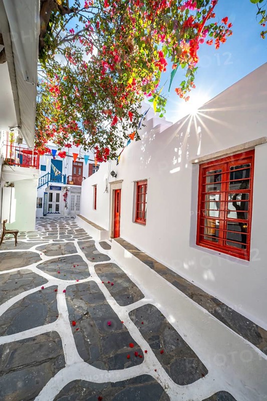 Cycladic Greek Orthodox Church with red bougainvillea