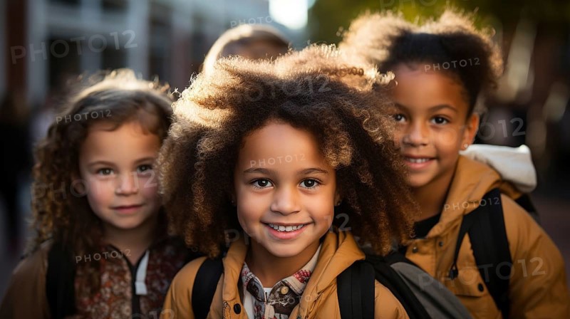 Happy and excited multi-ethnic young children students walking on the campus of their school