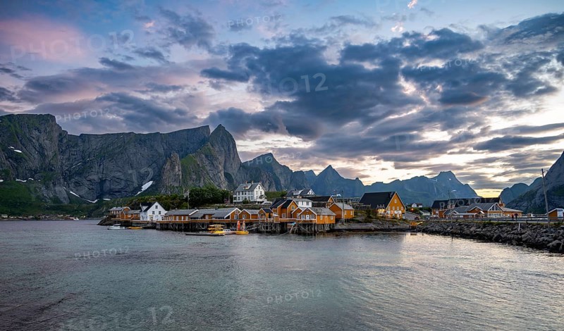 Traditional yellow rorbuer cabins on Sakrisoya Island