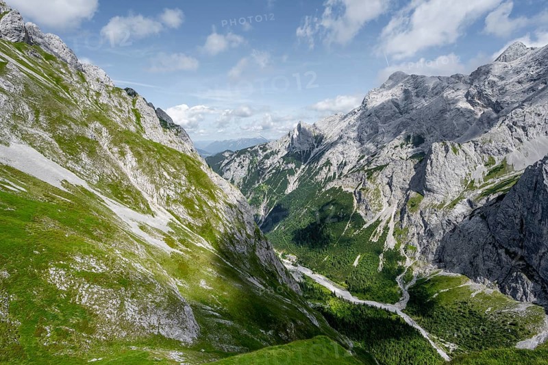 View of Hoellental and rocky mountain landscape with Jubilaeumsgrat