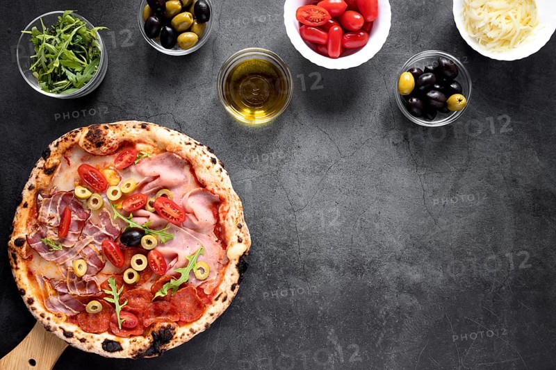 View pizza toppings arrangement
