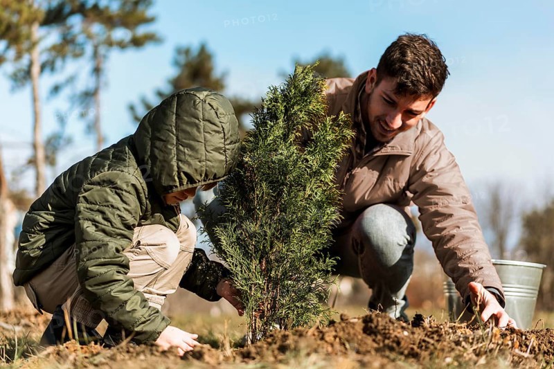 Father son planting tree