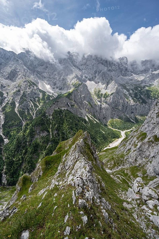 View into the Hoellental on cloudy rocky mountain landscape with Jubilaeumsgrat