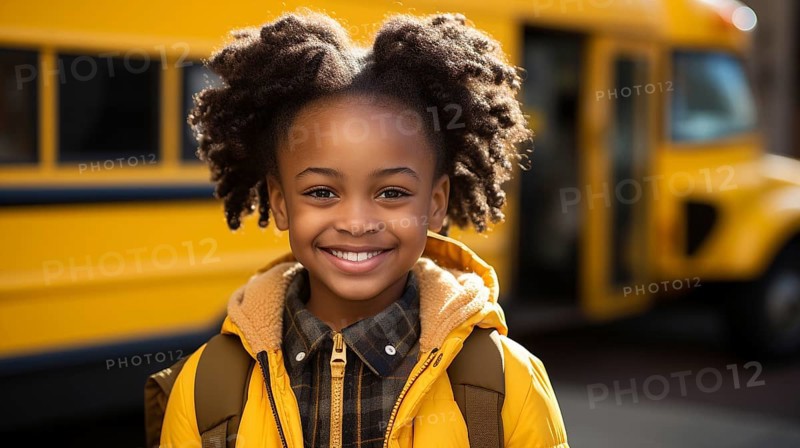 Adorable smiling african american school girl dressed warmly outside near the school bus