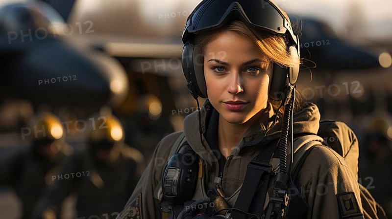 Mixed-race female fighter pilot soldier standing outside her military fighter jet