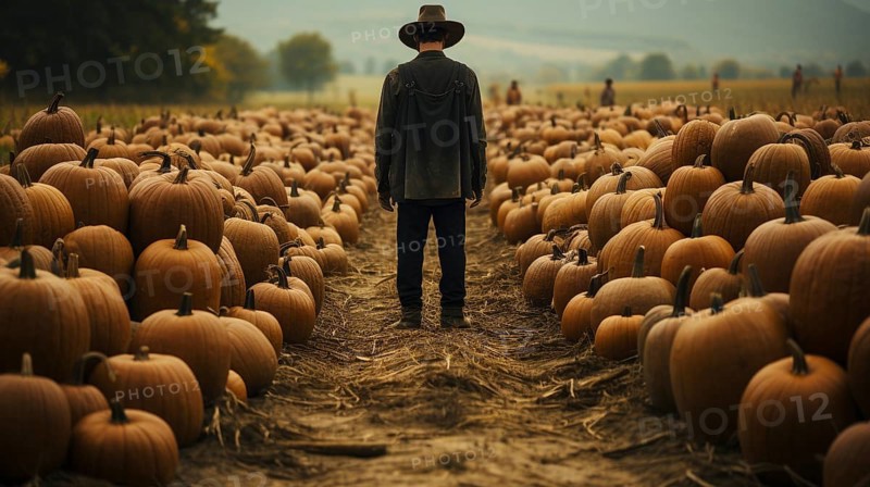Mysterious man figure wearing hat standing aimless amidst hundreds of large pumpkins in the foggy field