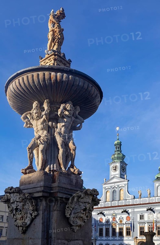 Town Hall and Samson Fountain at Premysl Otakar II Square in the historic old town of Ceske Budejovice