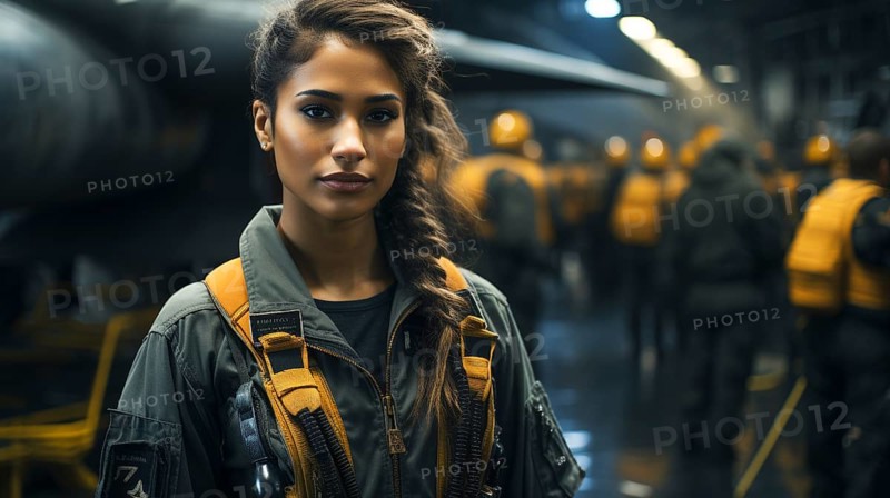 Female african american fighter pilot soldier stands outside her fighter jet