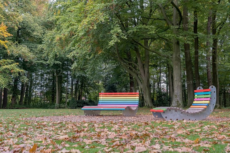 Colourful bench and colourful lounger