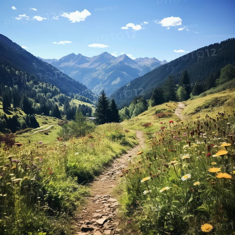 Mountain landscape with a green meadow and lots of flowers