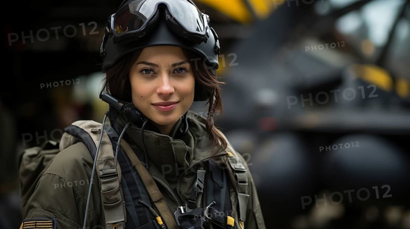 Mixed-race female fighter pilot soldier standing outside her military fighter jet