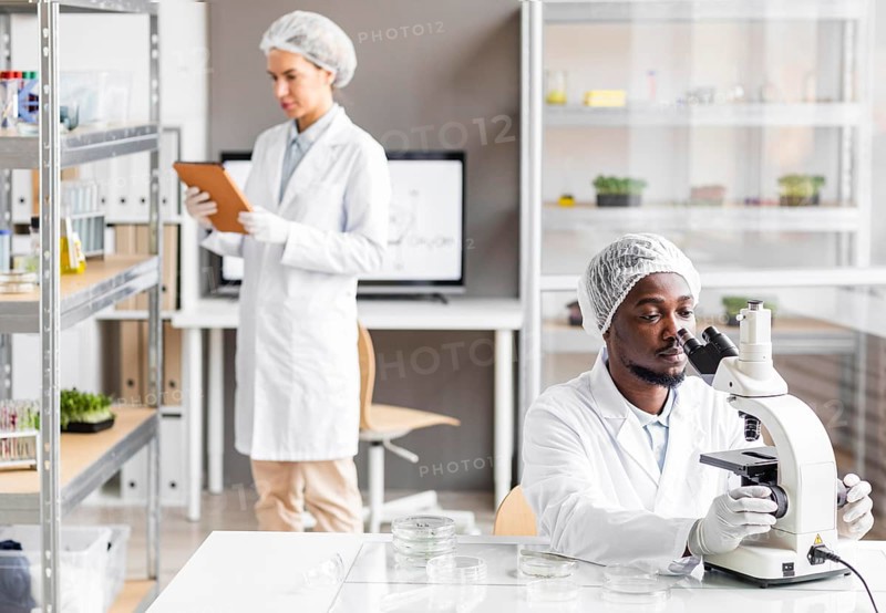 Female male researchers biotechnology laboratory with microscope tablet