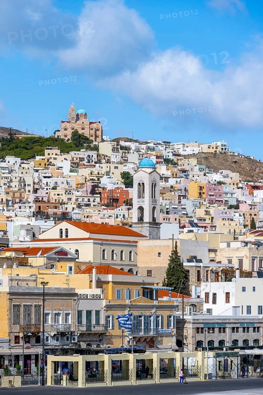 View of the town of Ermoupoli with the steeple of the Church of the Dormition