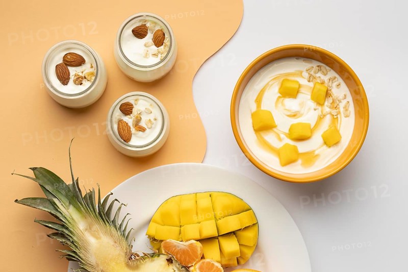 Flat lay arrangement delicious breakfast meal with yogurt