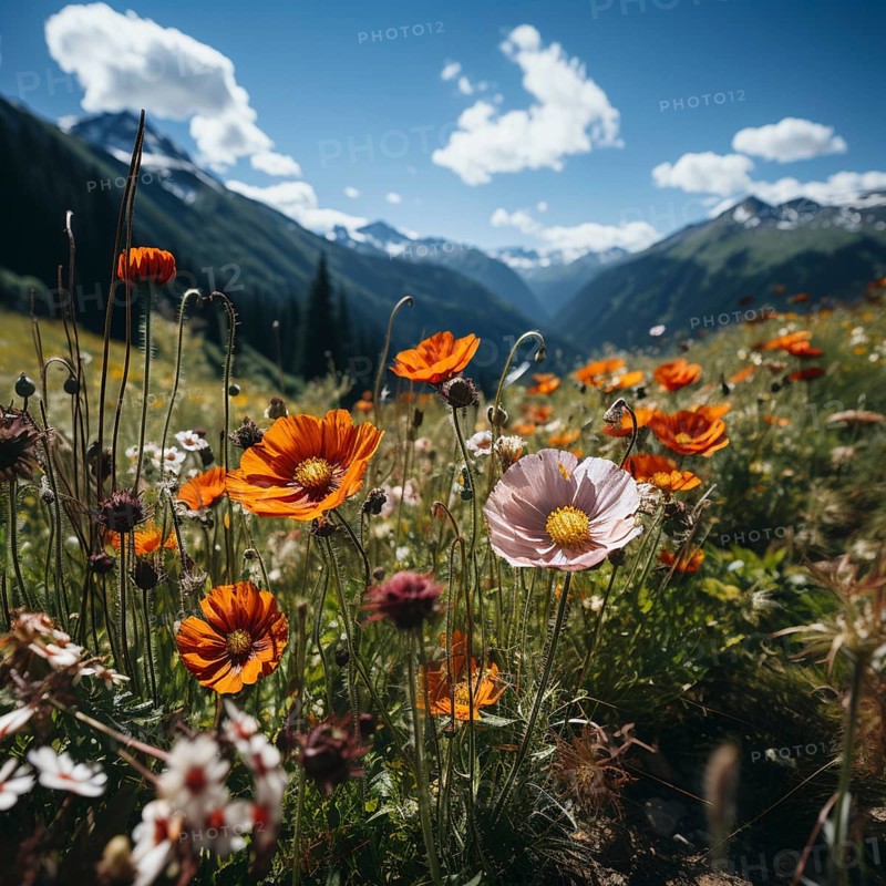Mountain landscape with a green meadow and lots of flowers