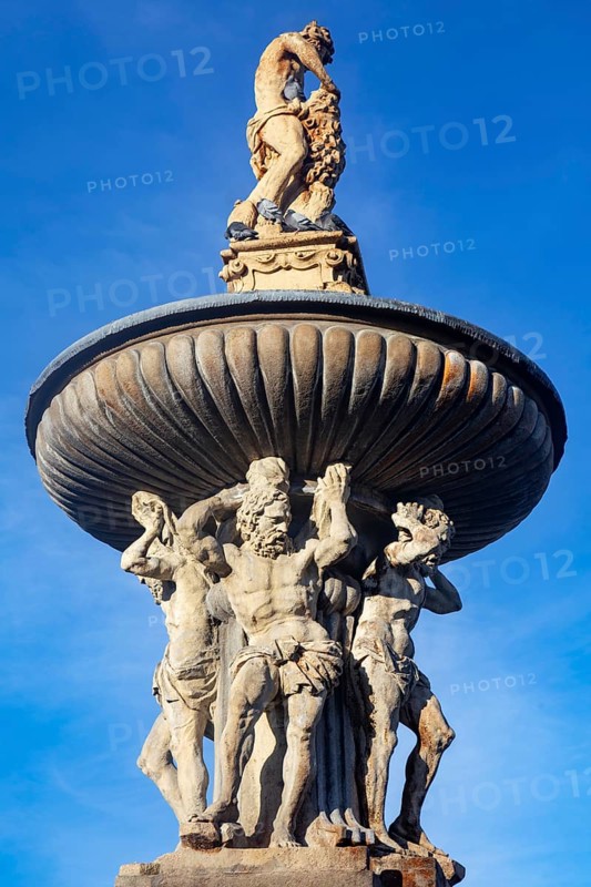 Samson Fountain at Premysl Otakar II Square in the historic old town of Ceske Budejovice