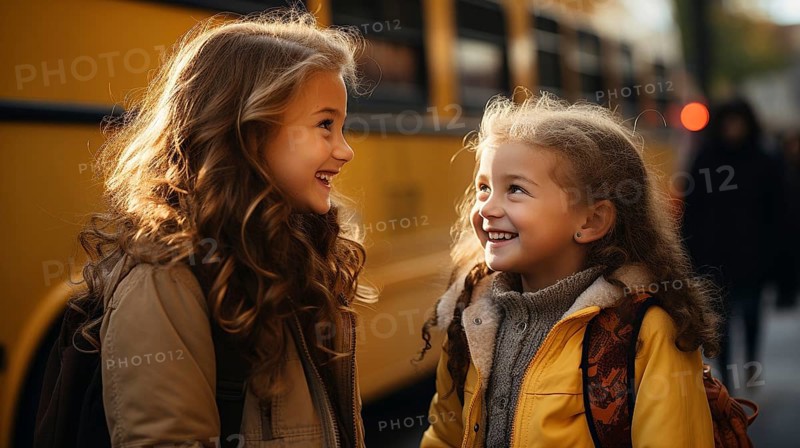 Two young student girlfriends wearing backpacks laughing near the school bus
