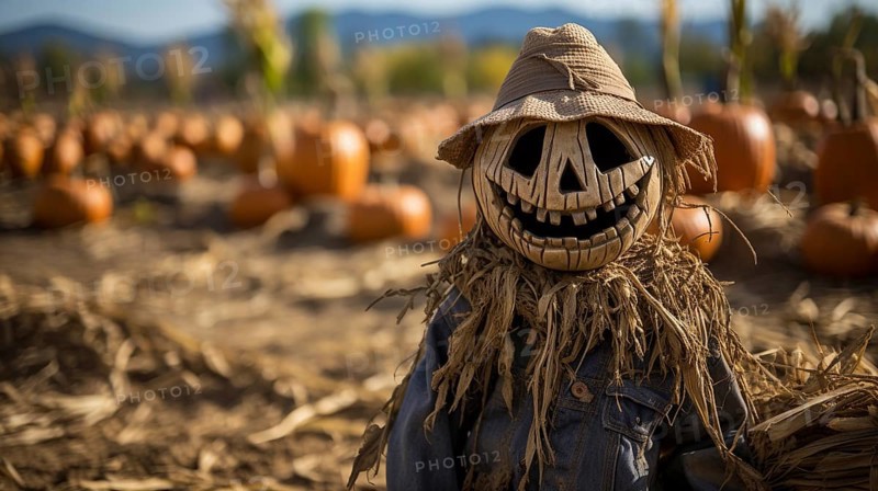 Spooky halloween scarecrow figure amidst the pumpkins in the field