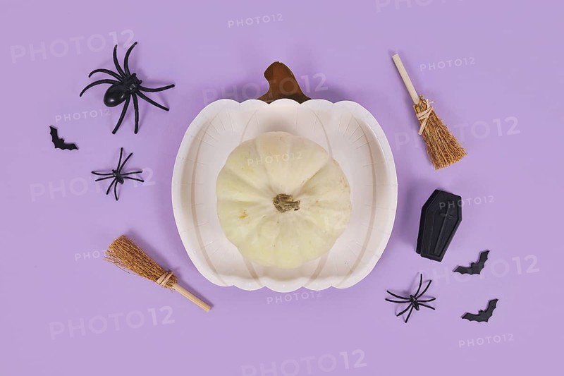 Cream colored pumpkin on plate surrounded by Halloween decoration on violet background