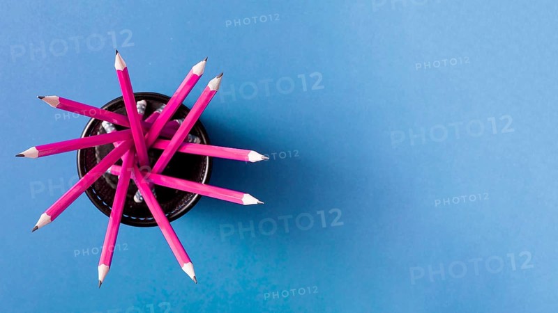 Pink pencils holder against blue background