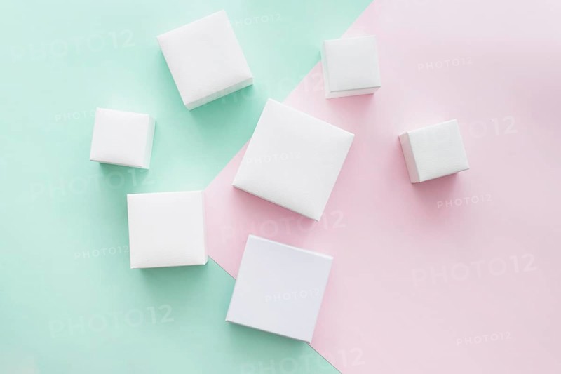 Collection different white present boxes pastel backdrop