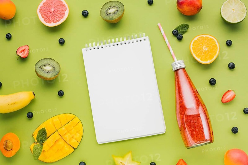 Fresh colorful flat lay with fruit juices