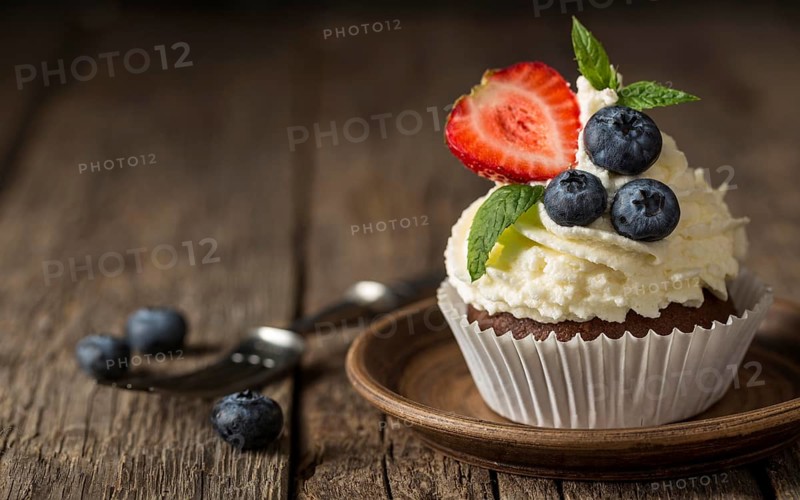 Front view view tasty cupcake with strawberry blueberry