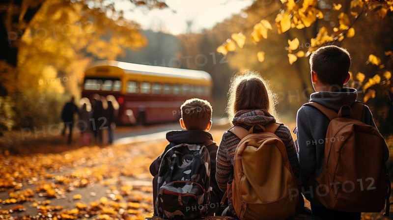Young children wearing backpacks walking to the school bus on a fall morning