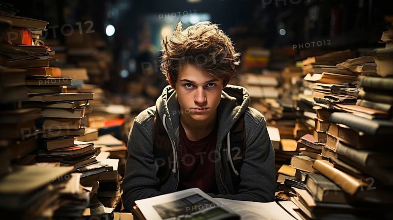 Young boy student sitting stunned and overwhelmed amidst a never ending pile of books and papers surrounding him