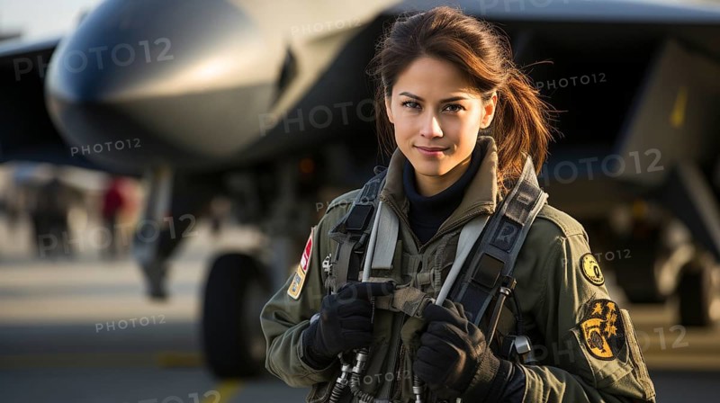 Mixed-race female fighter pilot soldier standing outside her military fighter jet