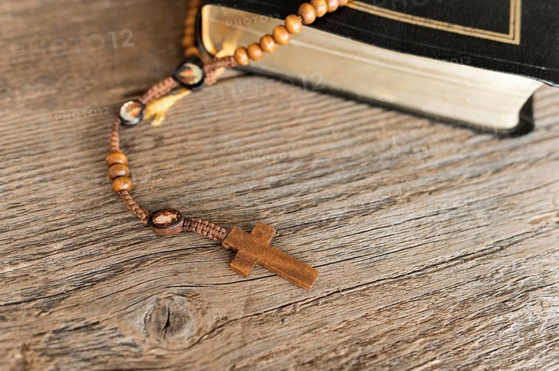 High angle cross rosary with holy book