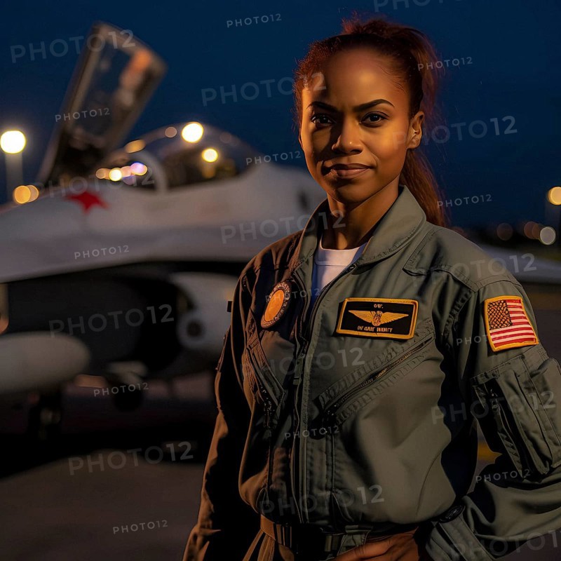 Proud young pilot stands in front of her F 35 fighter plane