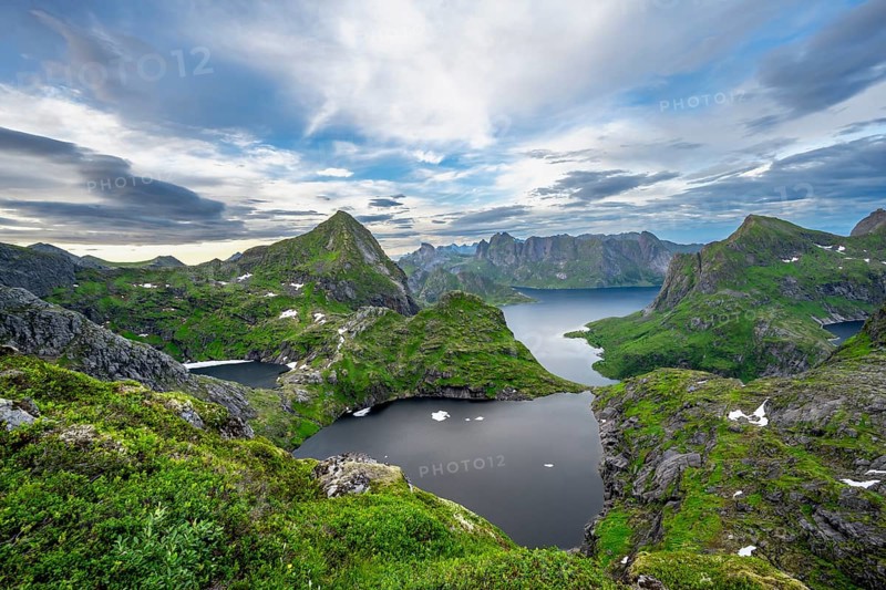 View over mountain landscape and lake Litlforsvatnet with fjord Forsfjorden
