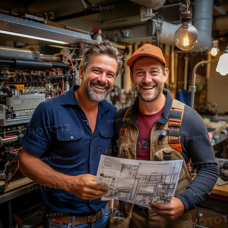 Cheerful homeowner and engineer rejoice in installing new heating system
