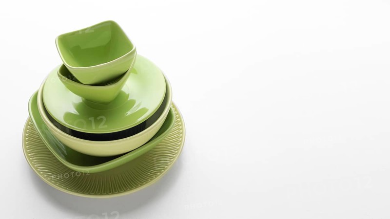 Flat lay clean tableware set stacked