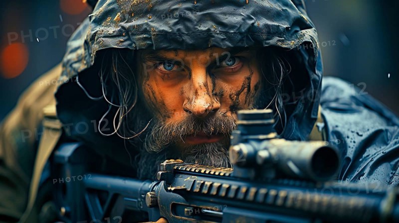 Sniper with rifle and scope at the ready