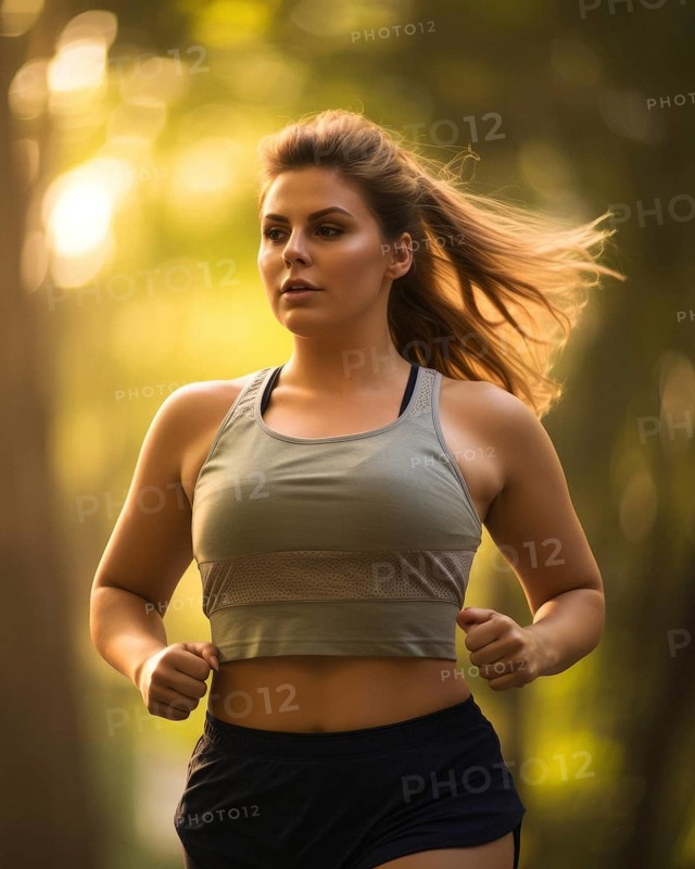 Close-up of a motivated young woman jogging in the evening light
