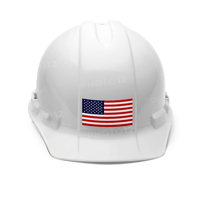 White hardhat with an american flag decal on the front isolated on white background