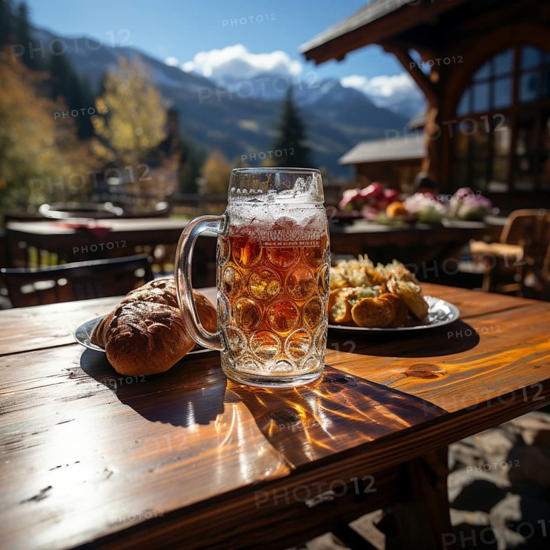 Beer and snacks in an alpine hut in the mountains