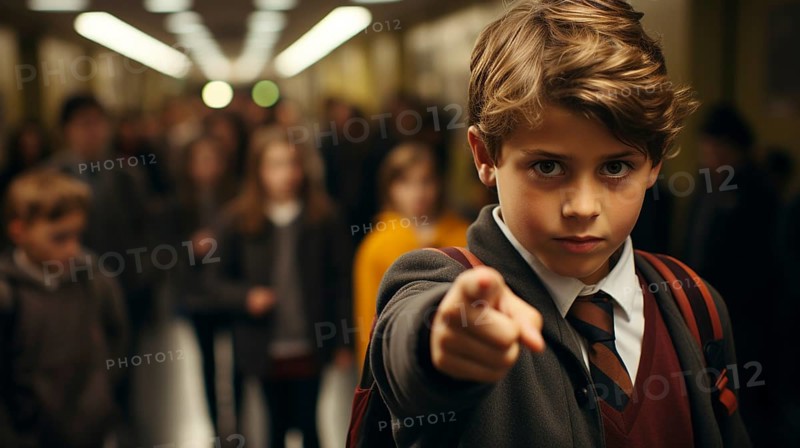Sinister looking young male student pointing who could be the bully of the school