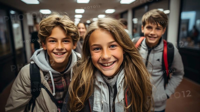 Happy and excited teenaged students walking down the hallway of their school