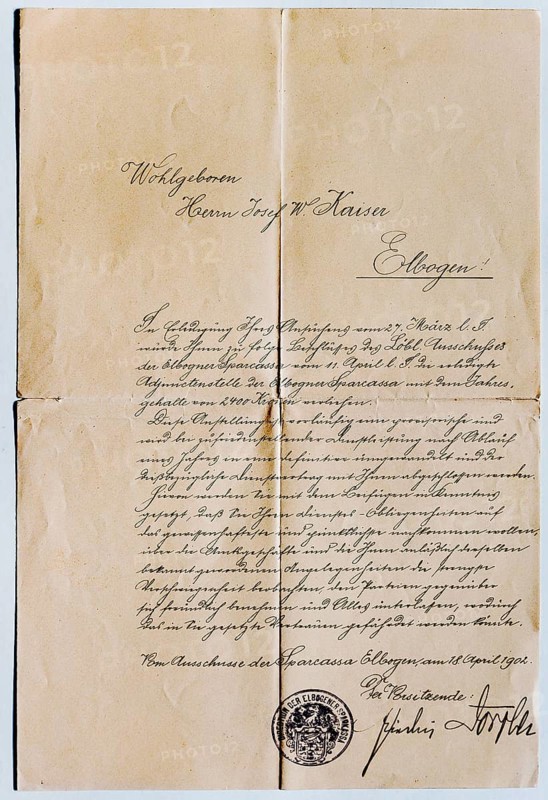 Service contract of the Sparkassa Elbogen in Suetterlin script from 1902