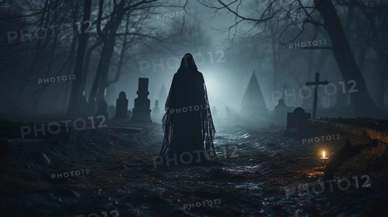 Spooky dark figure walking through the foggy night in a cemetary