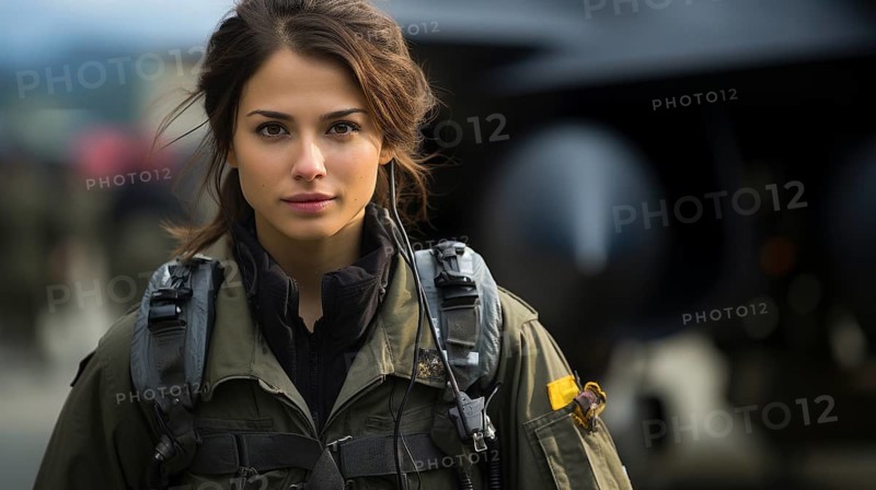 Mixed-race female fighter pilot soldier standing outside her military fighter jet
