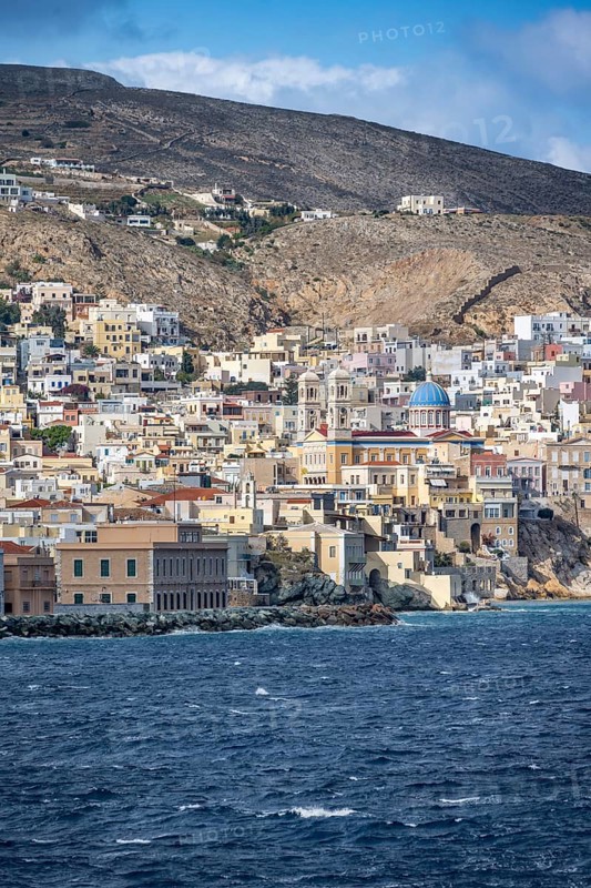 View of the town of Ermoupoli with the church of St Nicholas