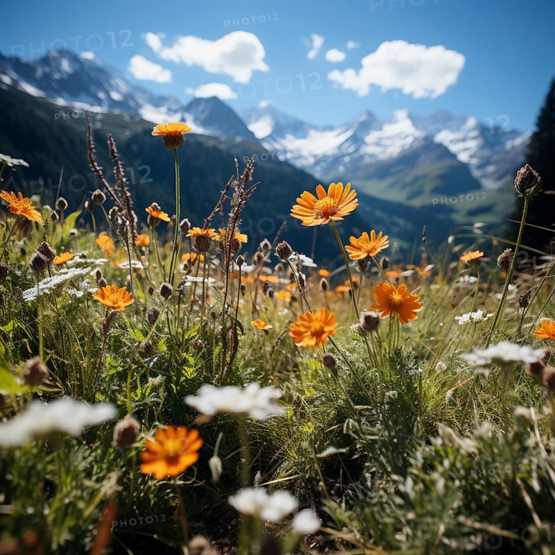 Mountain landscape with a green meadow and lots of flowers