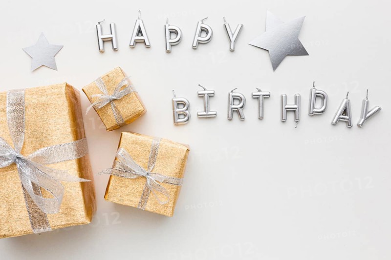 Top view happy birthday message gifts