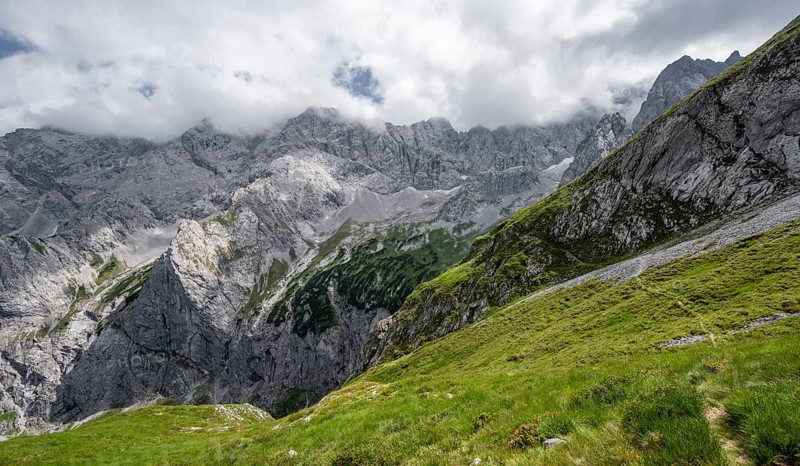View of Hoellental and rocky mountain landscape with Jubilaeumsgrat
